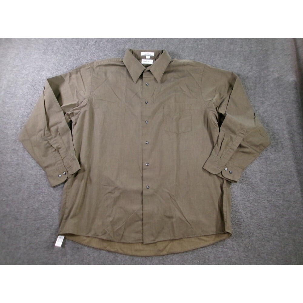 Van Heusen Shirt Men 17.5 Green Pique Long Sleeve Classic Button Up Office Work